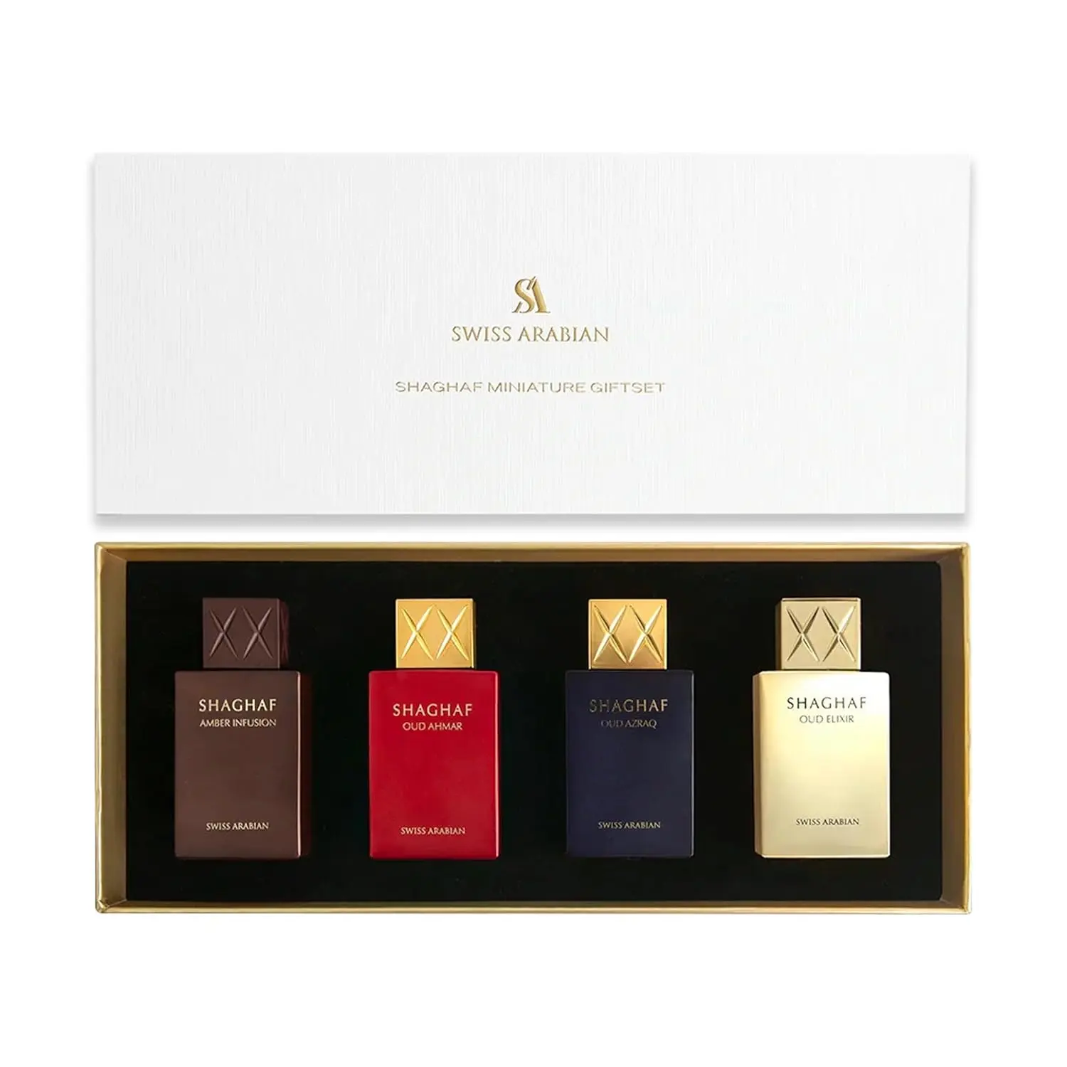 Swiss Arabian Shaghaf Oud Mini Perfume Discovery Set – Unisex Arabian Fragrance Gift Collection (4 × 25ml) with Azraq, Amber Infusion, Ahmar & Oud Elixir