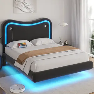 Jocoevol Bed Frame with Upholstered Headboard, Velvet Floating Platform Bed with LED Lights and Charging Station, Soft Rounded Corners, No Box Spring Needed, Easy Assembly