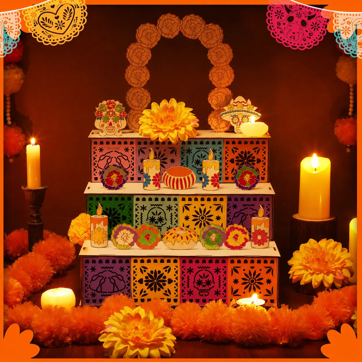 Colorful 3-Tiered Mexican Día de los Muertos Traditional Wooden Altar Display Set, Festive Home & Party Decoration with Skull, Marigold Flower, Candle, Papel Picado Pieces, Photo-Worthy Ornament