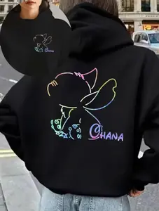 Women's Cartoon OHANA Print Men Fleece Hoodie Hoody Fashion Sweatshirt Pullover Autumn Winter Oversize Loose Coats