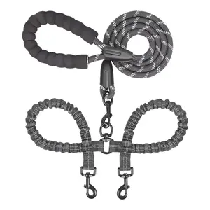 Pet Record Double Dog Leash, Dual Dog Leash, 360° Swivel Tangle Free Bungee Walking Training for Large Medium Dogs, Shock Absorbing Bungee Reflective for Two Dogs, 18~120 lbs, Black,summervibes