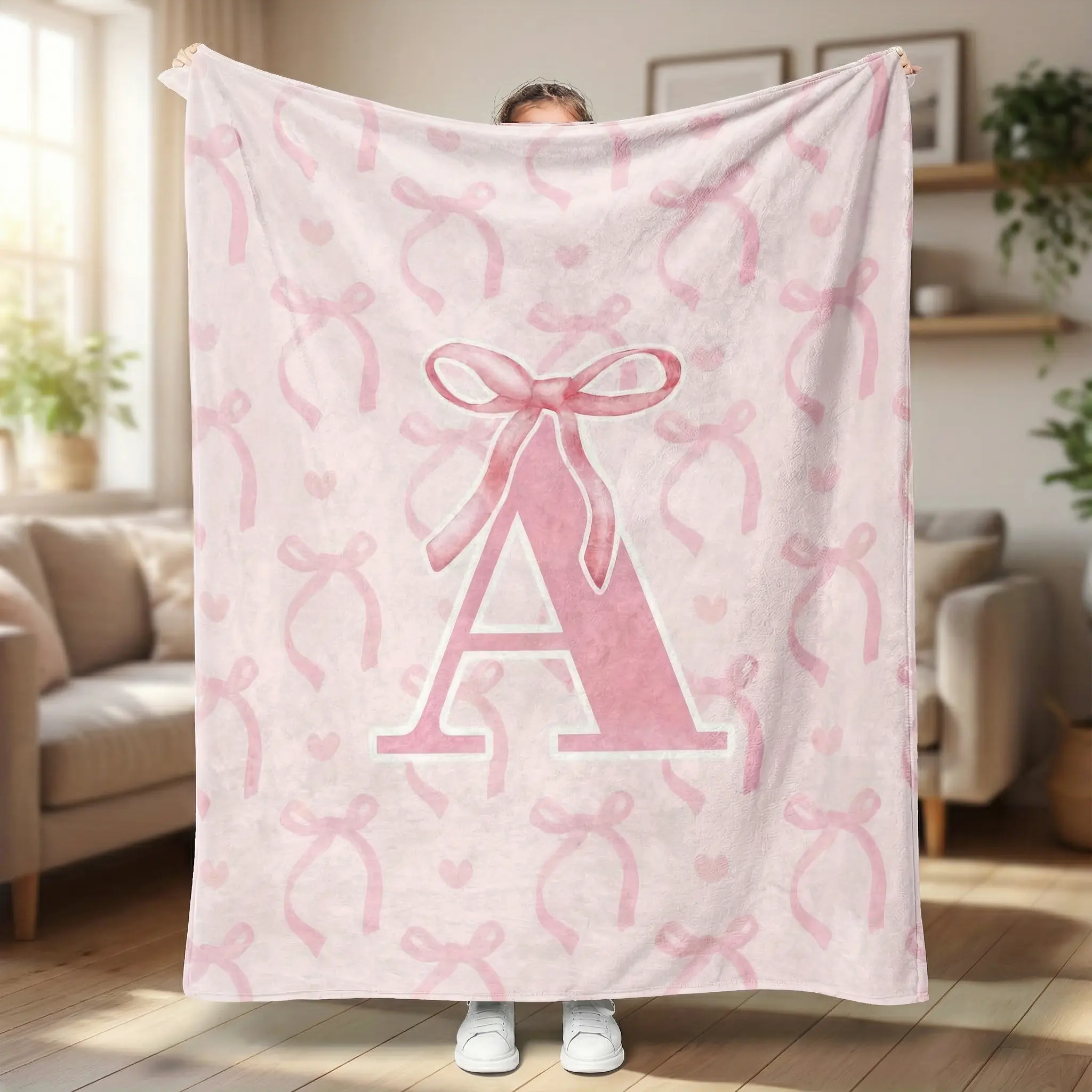 Pink Ribbon Alphabet Graphic Flannel Baby Blanket - A-Z Letters, Ultra Soft Cozy Warm, Newborn Keepsake Gift for 0-3 Months Girls, Snuggle & Trip Use