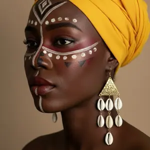 30/ TRIANGLE: 100% handmade natural cowries shell earrings with an accent of Gold brass material.Crafted by west Africans jewelry artisans to boldly standout and celebrate beauty  and heritage in a fashionable way.