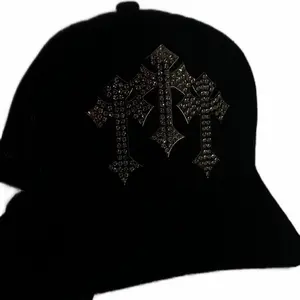 Snapback All Black Three Cross Hat with Rhinestone Embellishments for Stylish Outfits