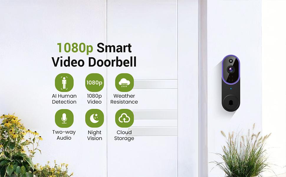 Wireless Video Doorbell Camera, Smart Security Doorbell Camera, 1080P, AI Human Detection , Night Vision, Instant Alert, Two Way Audio, 2.4G WiFi Only, Simple Installation and Rechargeable Battery, Cloud Storage, WiFi Camera