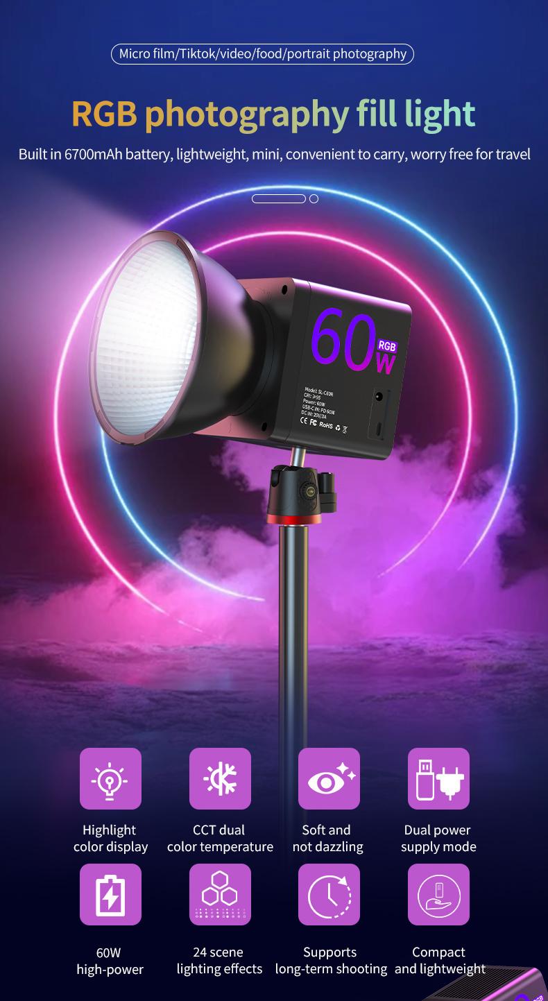 Handheld RGB-COB Video Light - Can be used with a stand - Portable - Ring Photography Light - Professional Studio Lighting and Digital Camera Accessories - Suitable for Vlog cameras, live streaming and photography.