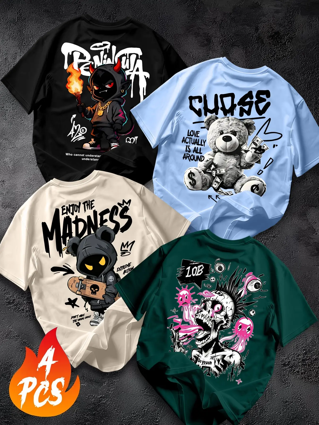 Men's American Style Graffiti Print T-Shirt Set, Streetwear, Classic Round Neck Short Sleeve Tees, Trendy Artistic Loose-Fit Tops, 4 Pieces