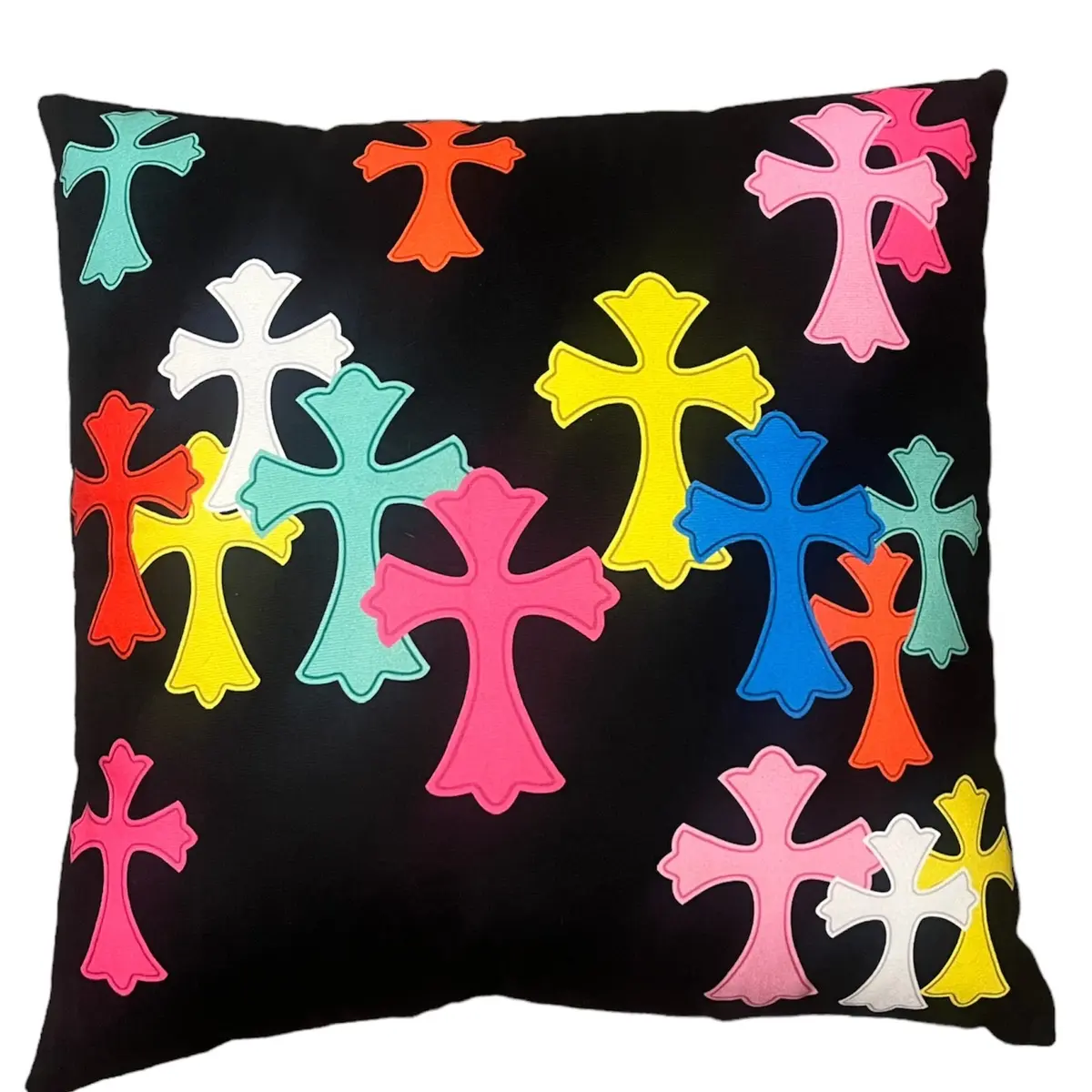 Creative Decorative Square Shape Cushion - High-Quality Colorful Cross Pattern Neck Pillow, Modern Geometric Textile Accessory for Bedroom Decor, Not Affiliated with Chrome Hearts Brand