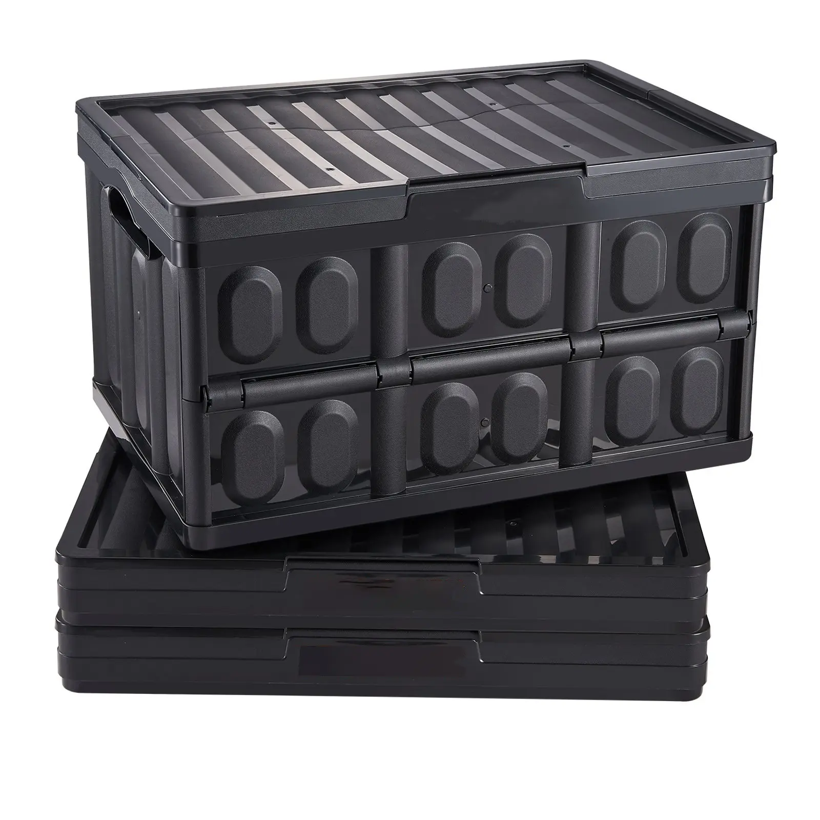 3-Pcs 45L Foldable Rectangle Organiser Bins with Lids - Heavy-Duty Durable Plastic Stackable Crates with Handles, Ideal for Clothes, Toys (20.67 x 14.17 x 11.81 in), Collapsible