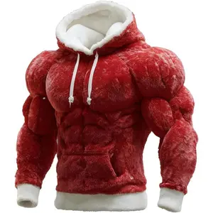 Men's retro muscle line artistic flannel warm hooded sweatshirt, 3D street style muscle line blurred cotton blend hooded sweatshirt, suitable for autumn wear