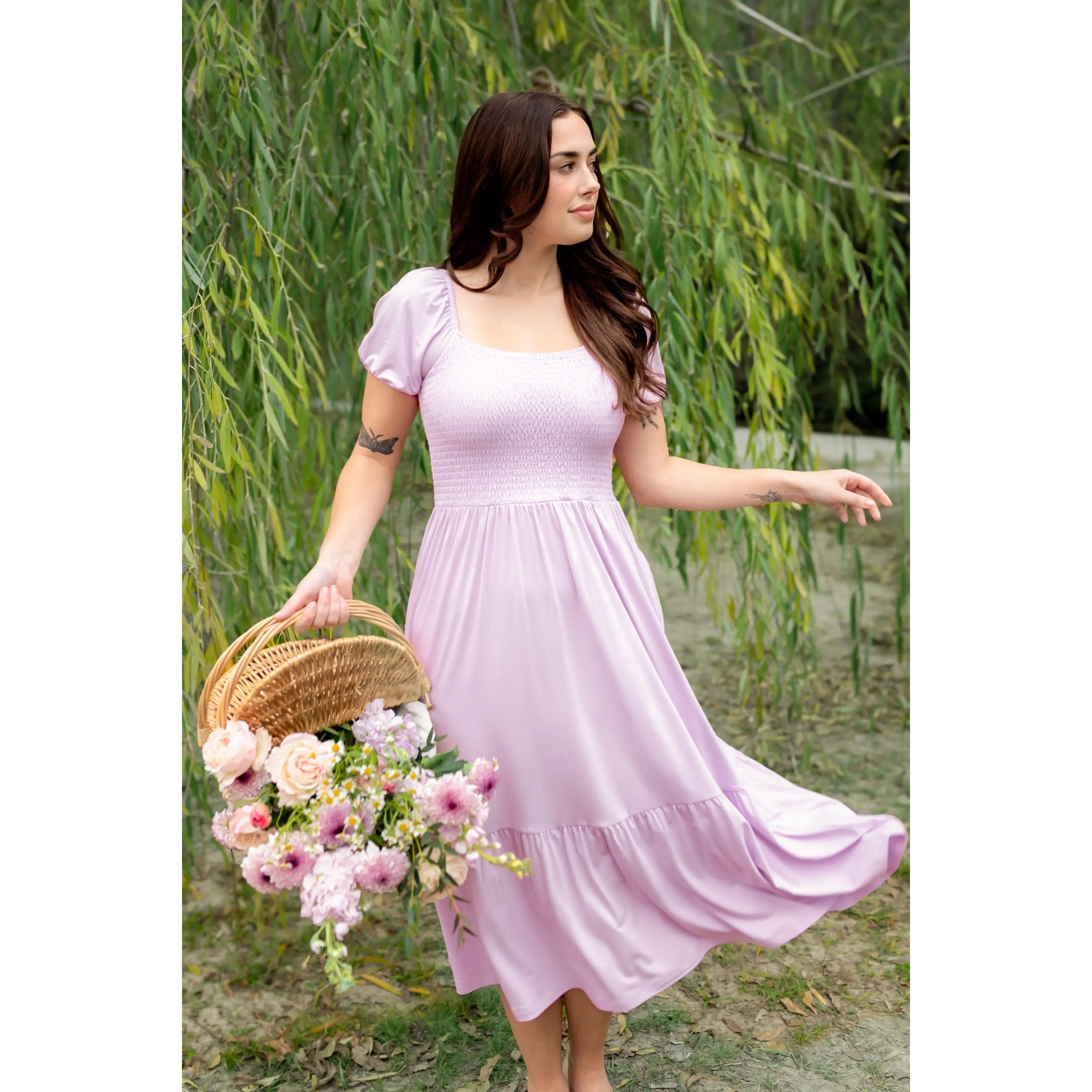 Women's Dreamy Flowy Dress - Smocked Bodice, Puff Sleeves, 97% Bamboo Rayon Fabric, Ruffled Hem, Comfortable Casual Wear for Matching Mommy-and-Me Outfits