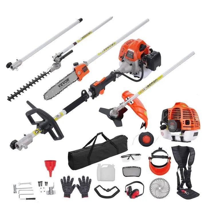 【Backtoschool】VEVOR 52CC 6-in-1 Garden Tool Kit - Gas Grass Trimmer, Hedge Trimmer, Weed Eater, Brush Cutter, Edger, Pole Saw Chainsaw Pruner Whacker with Handle & Shoulder Strap for Outdoor Gadgets, Full Kit, Gas Powered