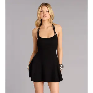Western Attitude Buckle Strap Halter Skater Dress