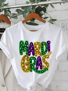 Women'S Carnival Sequin Pattern Short Sleeve T-Shirt |   Round Neck, Casual Loose Fit, Suitable for Parties and Festivals, Comfortable White Top, Unisex Elegant Round Neck Shirt, Vintage Style, Short Sleeve T-Shirt