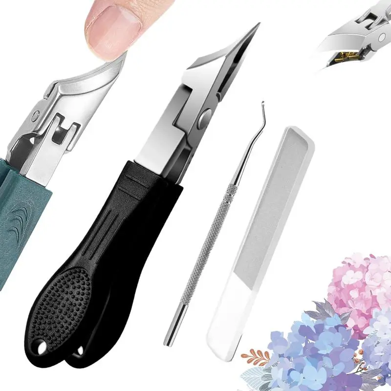 Green 3-Piece Eagle Beak Beveled Nail Clippers Set - Ergonomic Design, Thickened Metal, Wide Jaw Opening, Splash-Proof, Slanted Edge, Long Handle, Lightweight, Travel Size, Compact, Sleeve Storage, Daily & Home Nail Care Supplies for Back Pain Sufferers