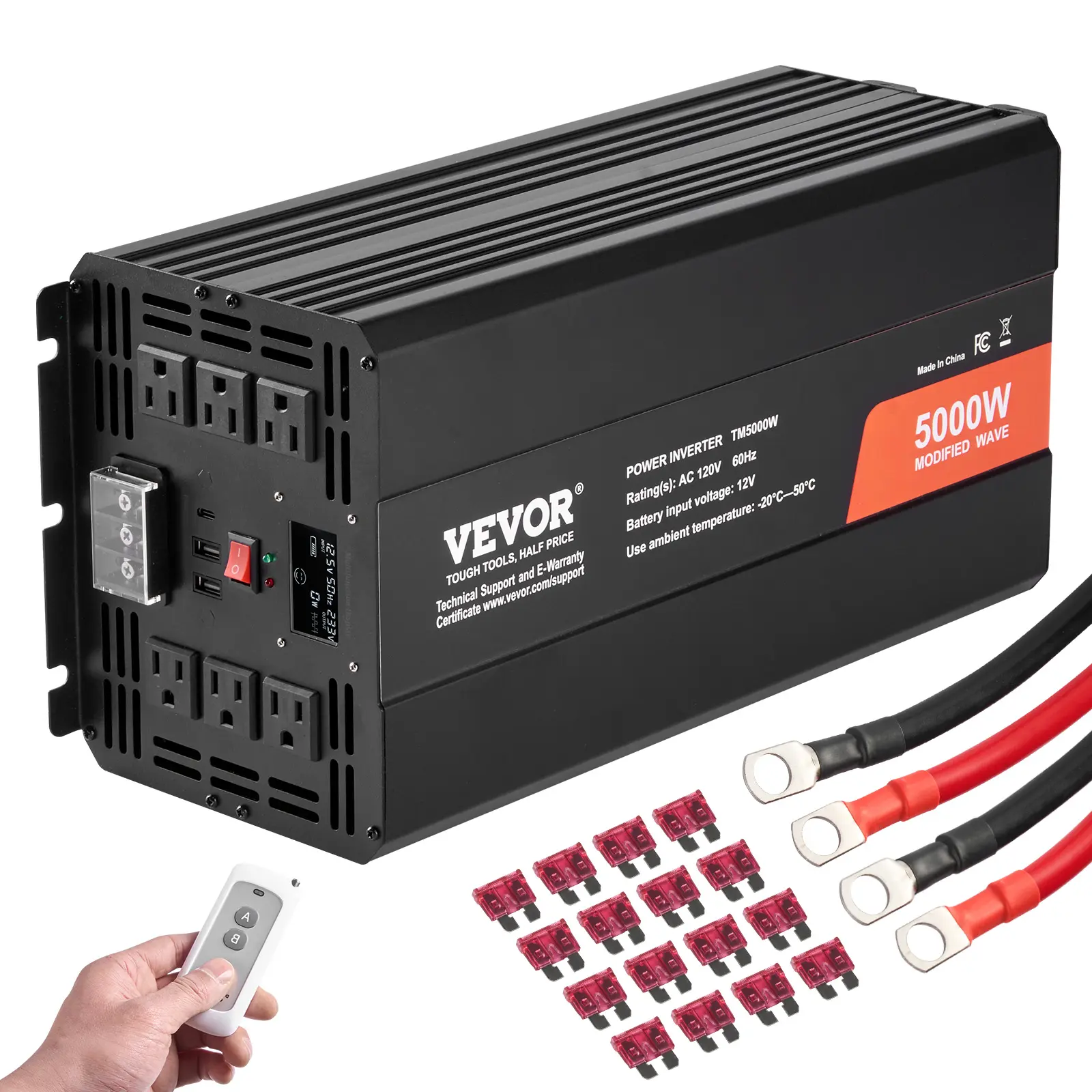 VEVOR 12V DC to 120V AC Modified Sine Wave Power Inverter - Max 5000W, 6 AC Outlets, 2 USB Ports, 1 Type-C Port, LCD Display, Remote Controller, Safety Features, Outdoor/Home Emergency High-Load Appliance Accessory, Aluminum, Multiple Outlets, None, 16 Sp