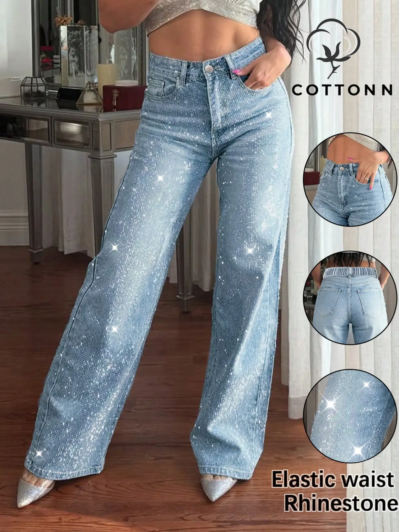 Women's High-Waisted Wide-Leg Jeans Pants, Light Wash, Rhinestone Decorated Denim, Sparkly Effect, Elastic Waist with Pockets, Casual Fashion Fit, Casual Design Jeans