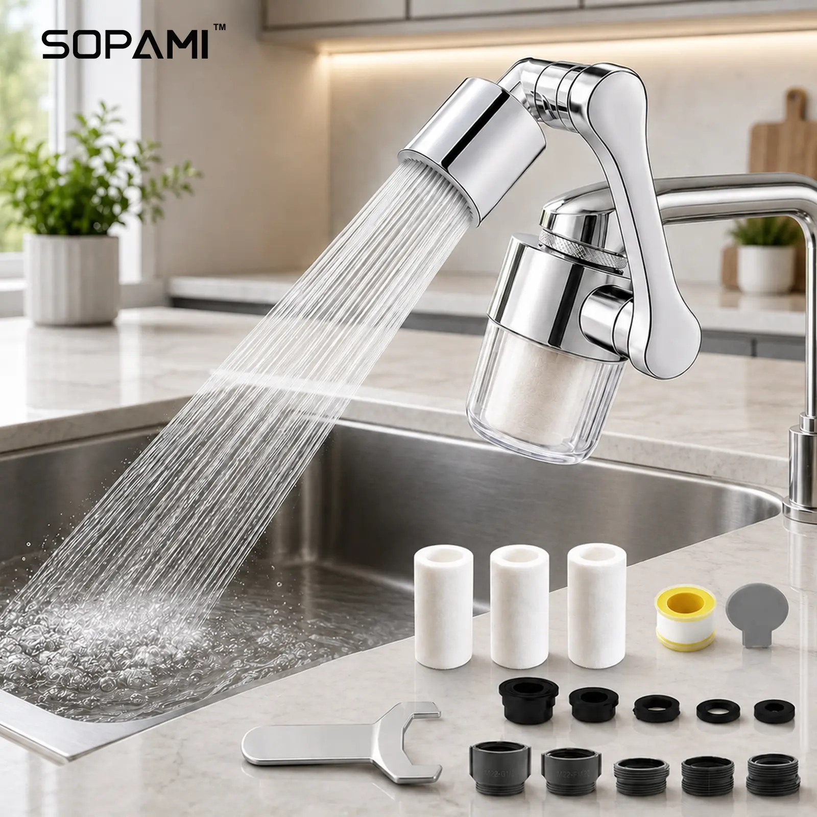 SOPAMI 3D Swivel Faucet Aerator Filter Set - 360-Degree Rotatable, Anti-Splash Soft Flow, Clear Visible Shell, 3 Replacement Cartridges, Universal Adapter for Kitchen, Bathroom Sinks