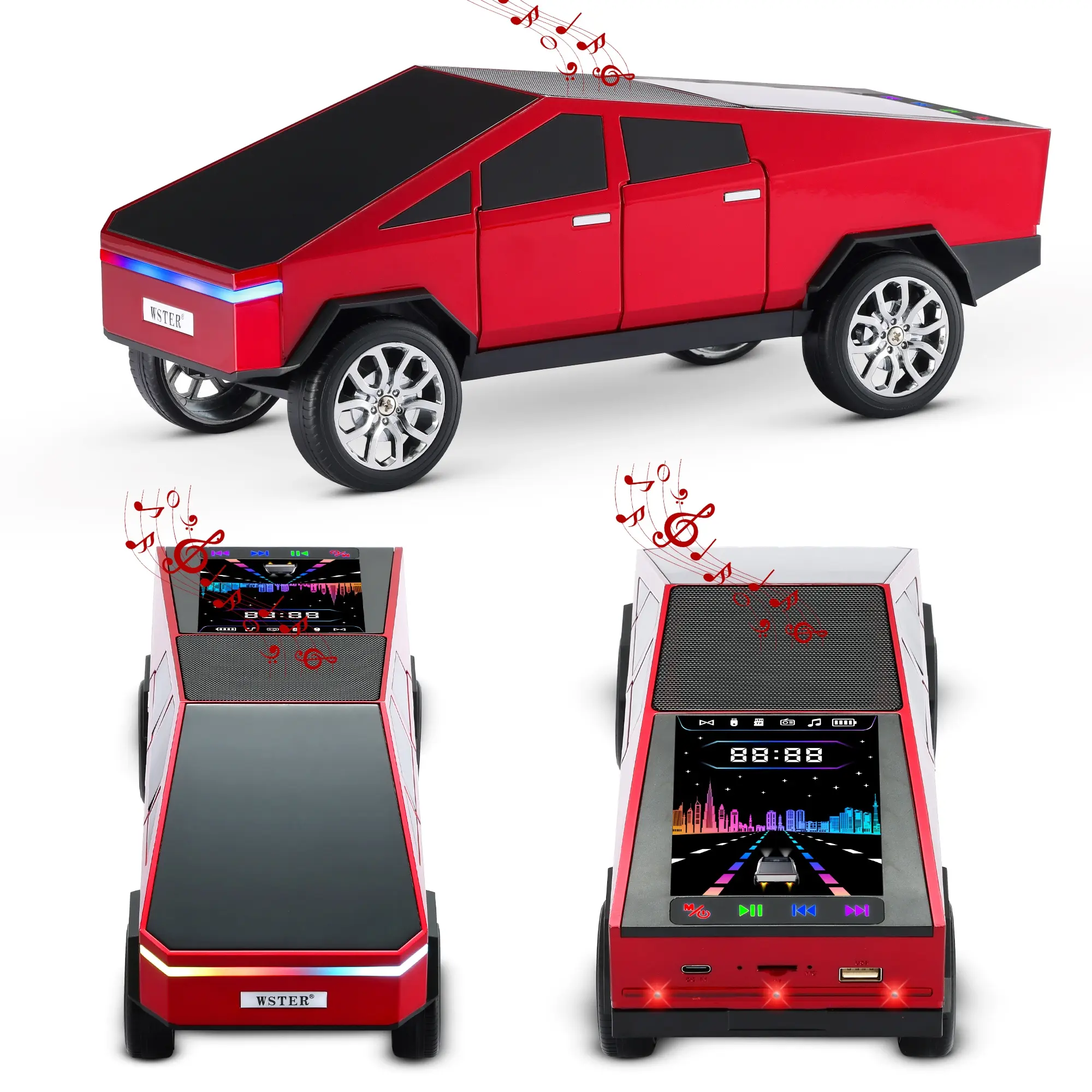WS-580 Mini Car Bluetooth Speaker with Rear Light & Openable Cybertruck – Portable Wireless Stereo Sound, LED AUX USB TF FM, Compact Rechargeable Design for Home, Office, Travel & Car Décor