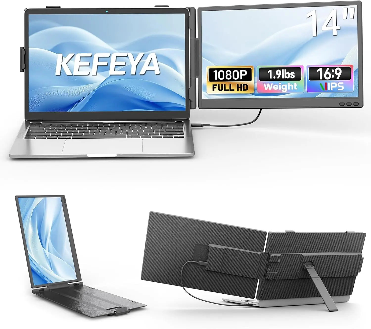 KEFEYA Laptop Screen Extender 14", FHD 1080P IPS lcd Laptop Monitor Extender, Portable Dual Monitor for Laptops 13-17" with USB-C/HDMI Port, Plug n Play for Windows/Mac/Android/Switch/PS5 summerwins tiktokshopbacktoschool
