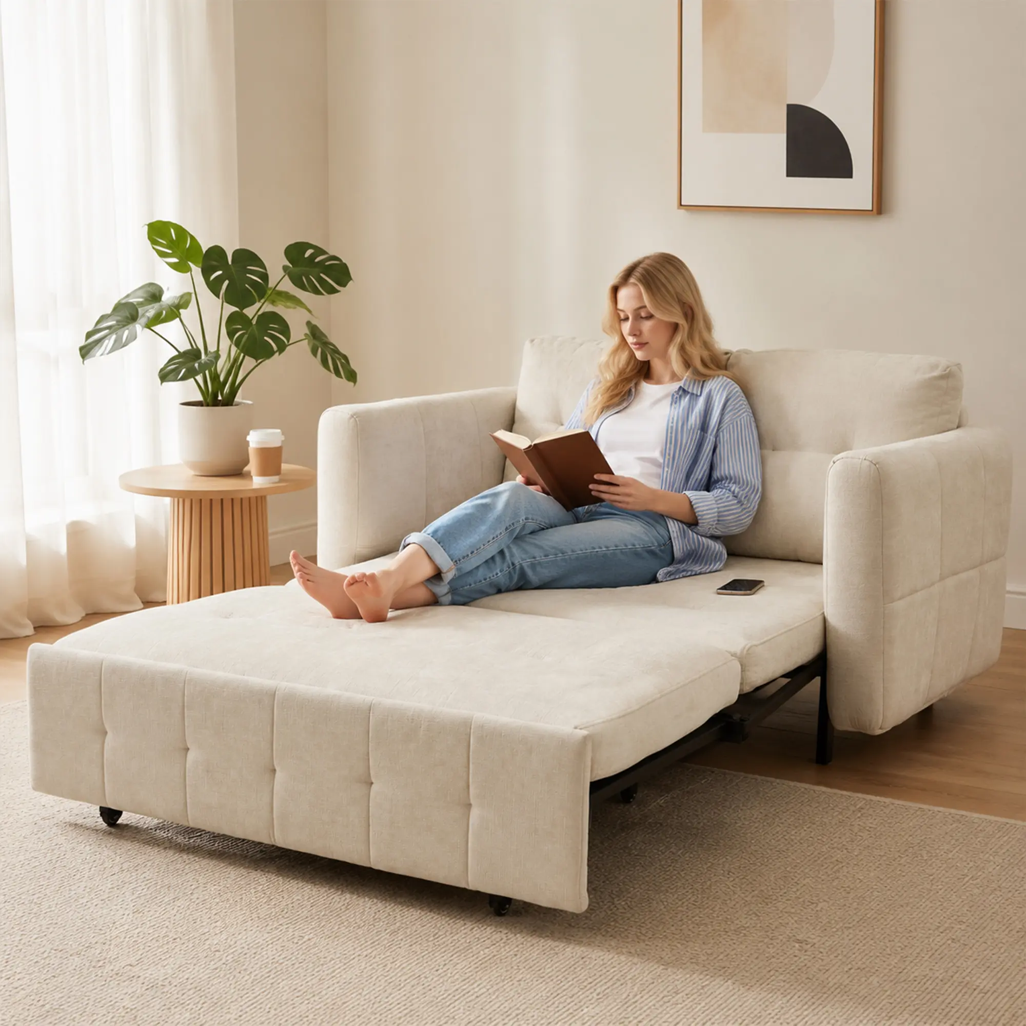 90.1-Inch 3-In-1 Convertible Pull-Out Sleeper Sofa Bed, 2-Seater Loveseat Couch With Adjustable Backrest & 4 Pillows For Small Spaces, Apartment Living Room Bedroom, Two-Seater