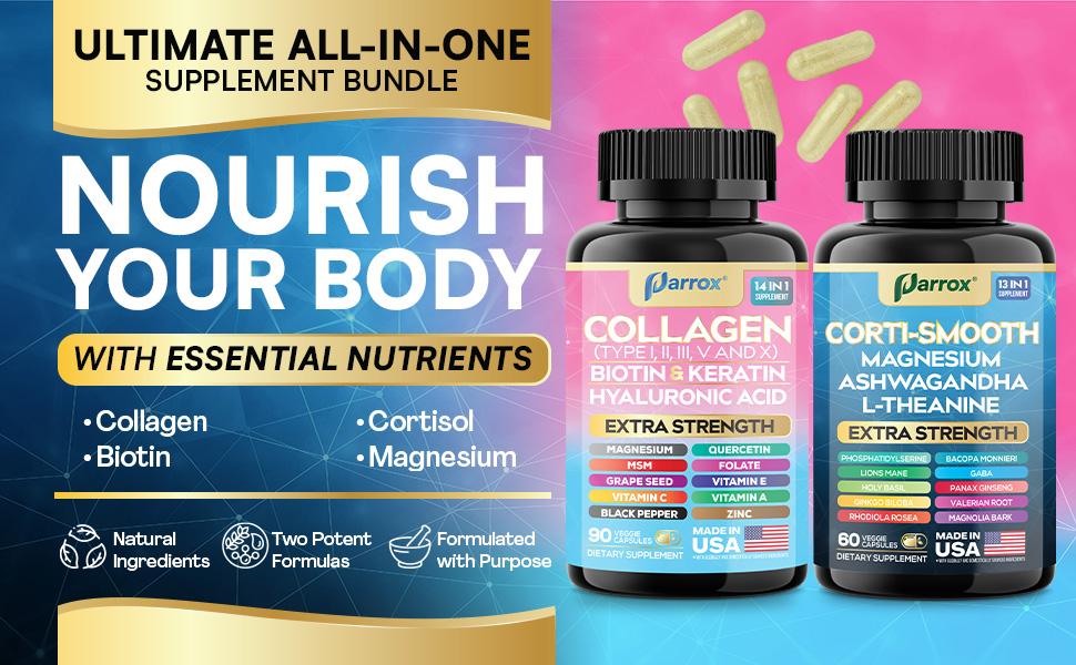 PARROX Shining Serenity Set - Collagen & Cortisol All-in-One Multivitamin Combo - Made in USA with Extra Strength Ingredients