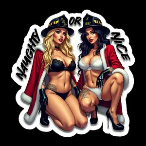 Firefighter Naughty or Nice Pinup Girls Sticker - Includes one 2.5" sticker and One 3" Sticker