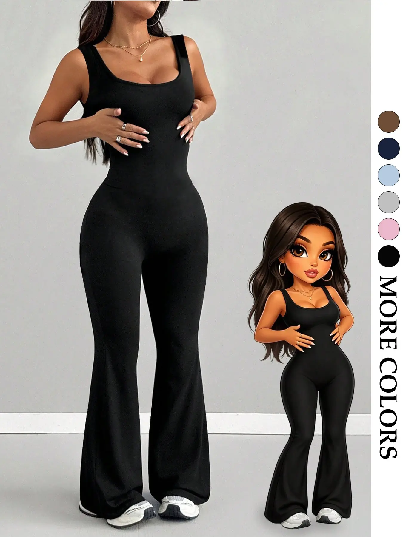 Women's U-Neck Sleeveless Bell-Bottom One-Piece Jumpsuit, Sleeveless Workout Sports Jumpsuit, High-Stretch Fitted Waist Trainer, Street Style Fitness Outfit for All Seasons