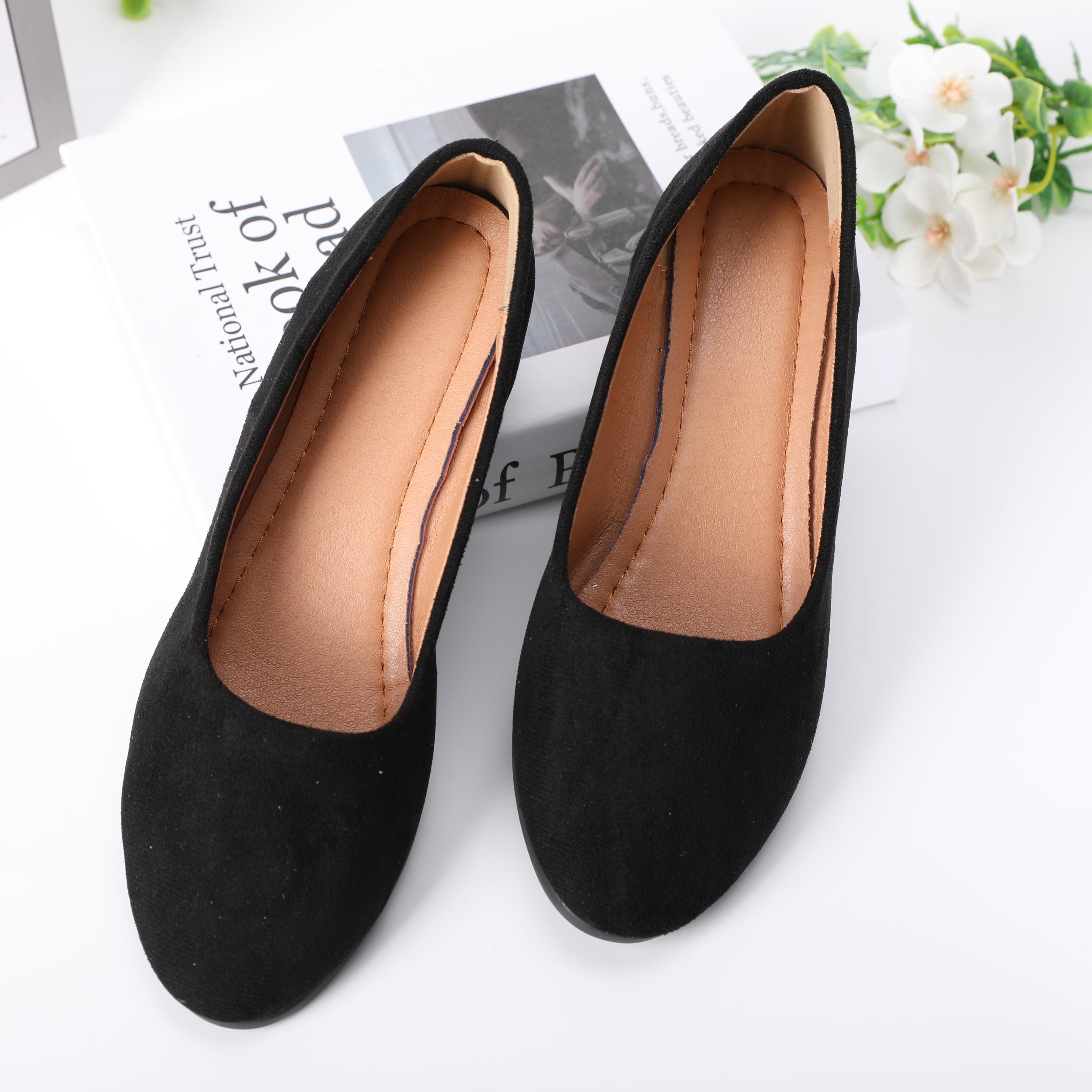 Women's Black Wedge Heels Work Shoes - Wide Fit Waterproof Rain Suede Pumps Round Toe Elegant Comfortable Insole Shallow Mouth Heeled Footwear Office Shoes for Women