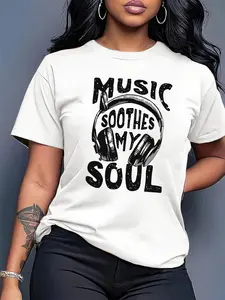 Women'S "Music Soothes My Soul" Graphic T-Shirt - Light Blue, Casual Polyester Crew Neck, Short Sleeve, Regular Fit, Music-Themed Design with Headphones Illustration, Music Fan Apparel |   Casual Style |   Smooth Texture
