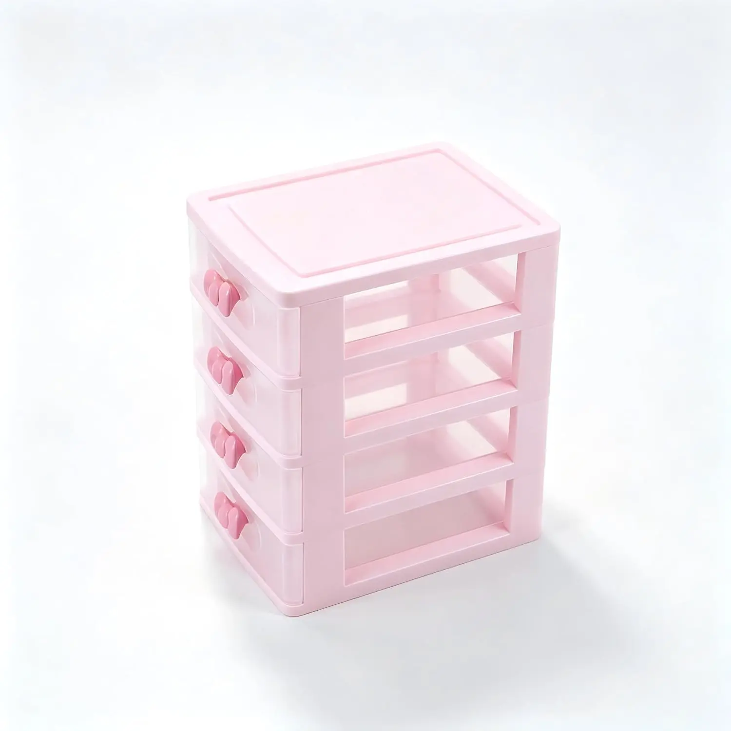 1 piece small 4-layer transparent drawer cabinet, 5 x 6.7 x 7.9 inch pink bow plastic storage cabinet, desktop organizer, suitable for women and girls, used for stationery, handicrafts, jewelry, cosmetics