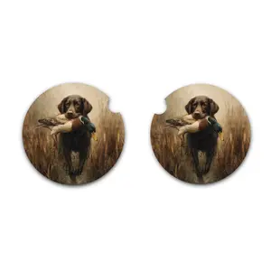 Retriever With Duck Car Coaster, Duck Marshland, Car Cup Insert Set of Two, Soft Neoprene Material, Gift for Hunters, Trendy Auto Accessories