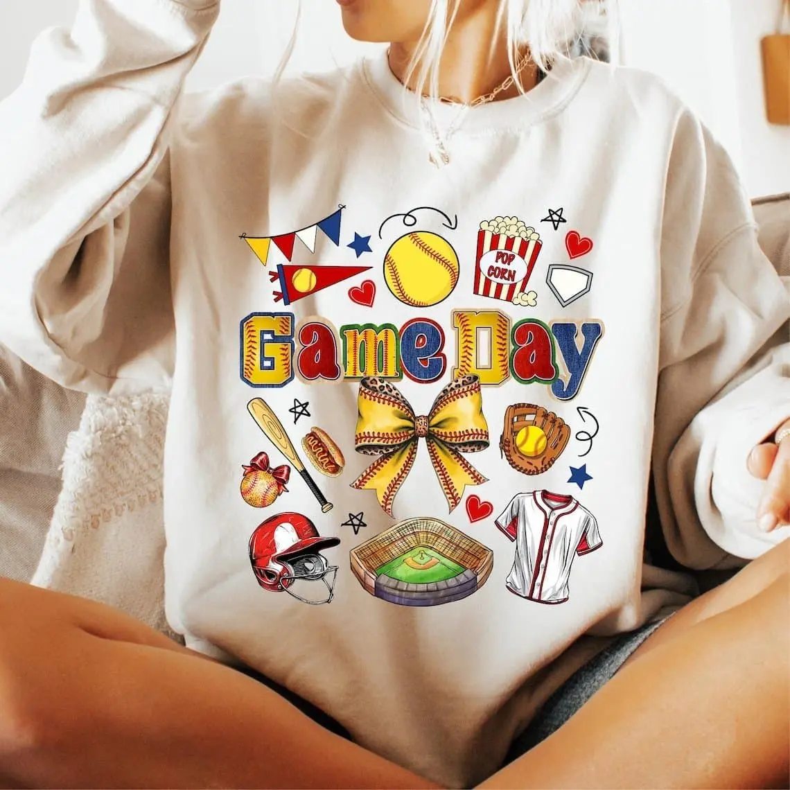 [Sale off up to 50%] Game Day Softball Bow Sweatshirt, Retro Softball Mom Shirt, Softball Season, Spring Sports Collage, streetwear graphic tee