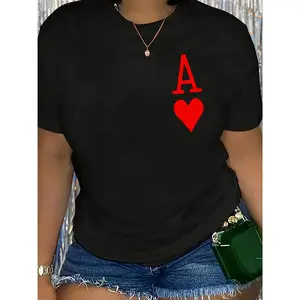 Women's Red & - Short-Sleeve T-Shirt - Round Neck Casual Blouse with - Print, Machine-Washable - Fit Top for Casual Attire & Layering - In Stock