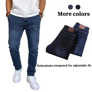 Men's Slim-Fit Zip-Up Straight Jeans - Trendy Details, Comfortable Stretch Fabric, All Seasons Wear, Edgy Street Style for Young Fashion Enthusiasts (Uncut Buttonholes Require Buttonhole Opening), Straight Pants