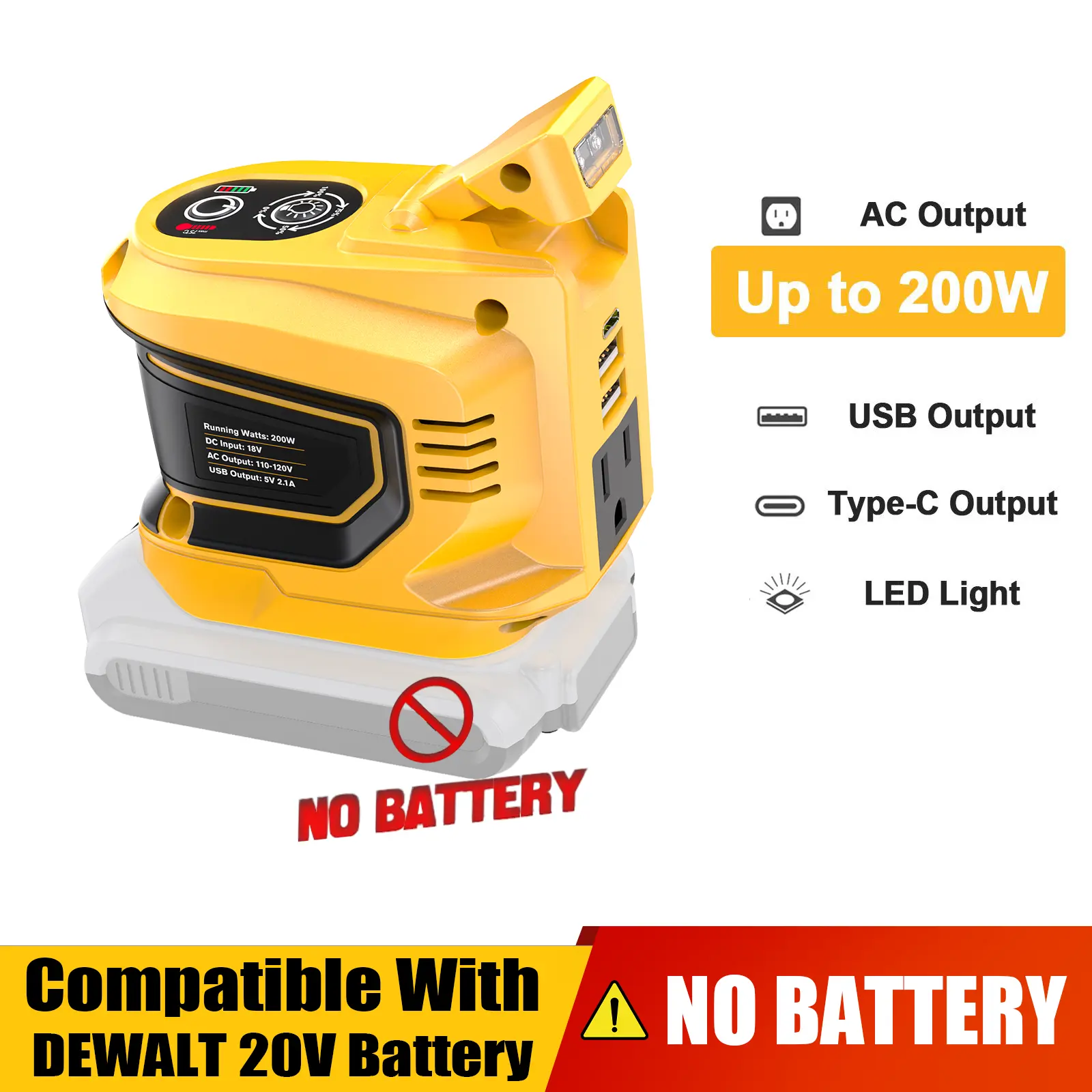 【Battery NOT Included】200W Power Inverter for Dewalt 20V Battery, DC 20V to AC 110-120V Battery Inverter, Portable Power Station Generator with 2 USB Ports & 1 Type-C & 1 AC Outlet