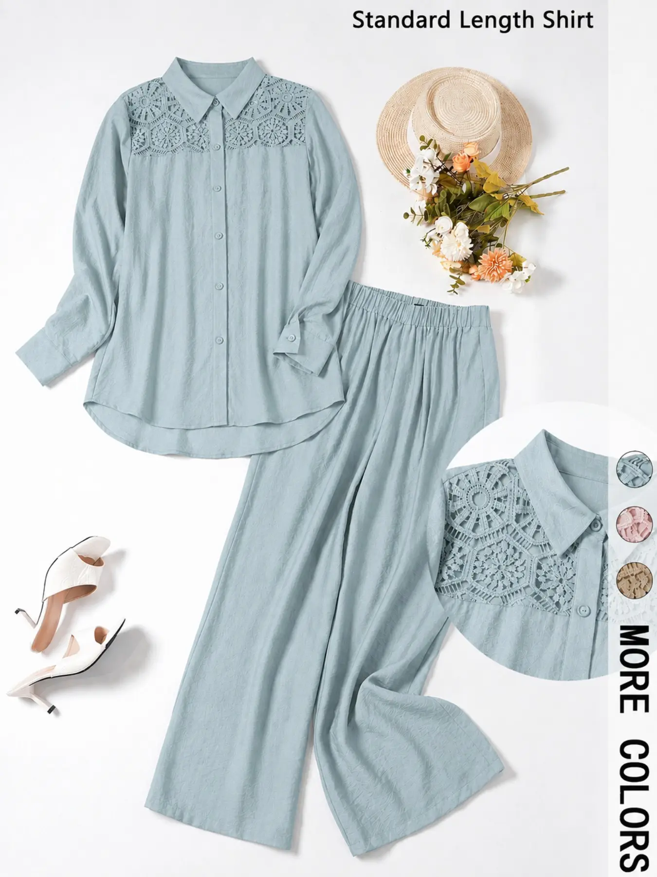 2 Button Down Shirt Long Sleeve Wide Leg Trousers Set | Womenswear Lace Detail Elastic Waist Outfit for Women | Quiet Luxury Office Daily Wear | Old Money Vacation Casual Wear | Elegant Casual Set | Casual Fitted Set | Clothes