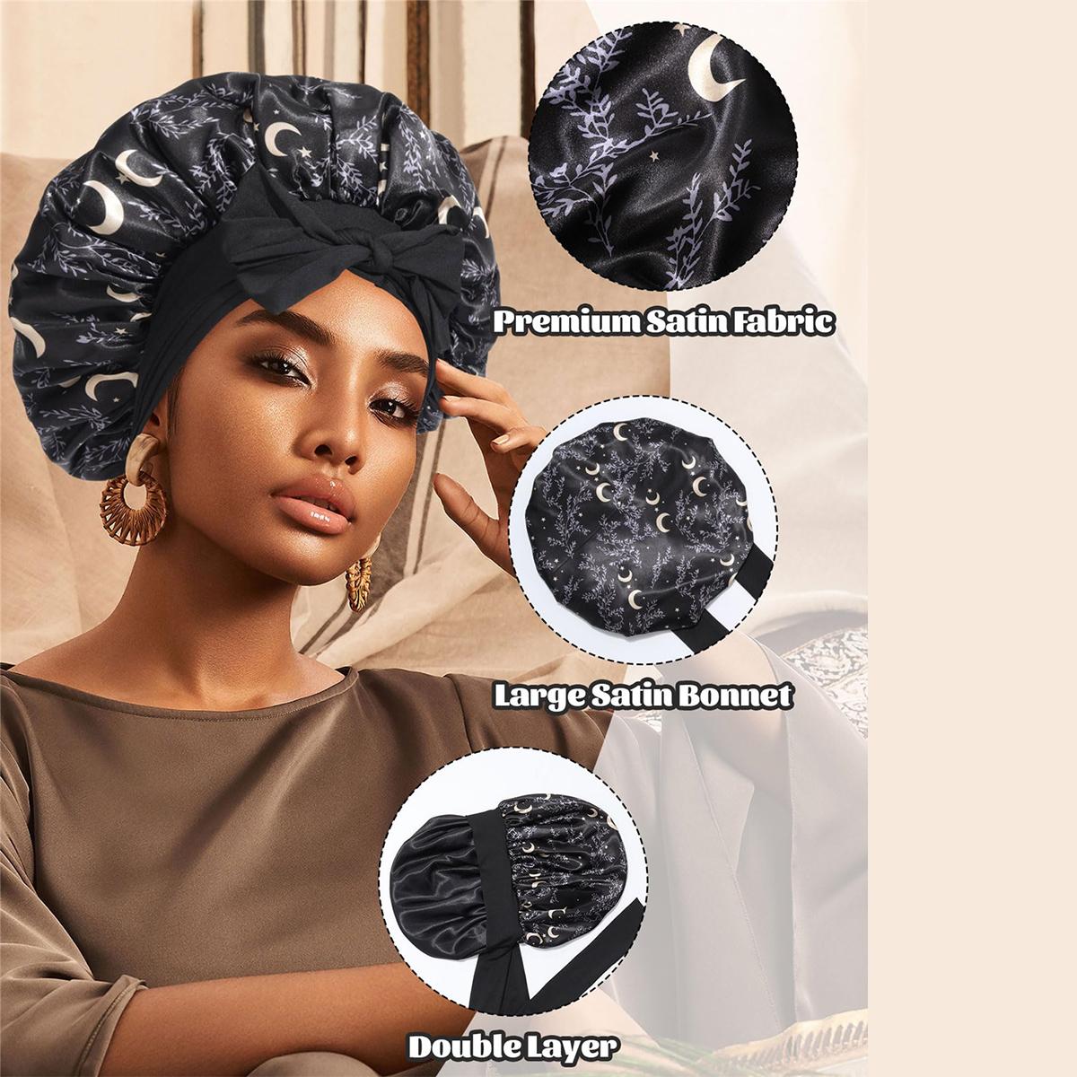 Double Layer Satin Bonnet Silk Like Texture for Sleeping Sleep Cap Hat Hair Bonnets with Elastic Tie Band for Curly Hair Nightcap Gifts for Women