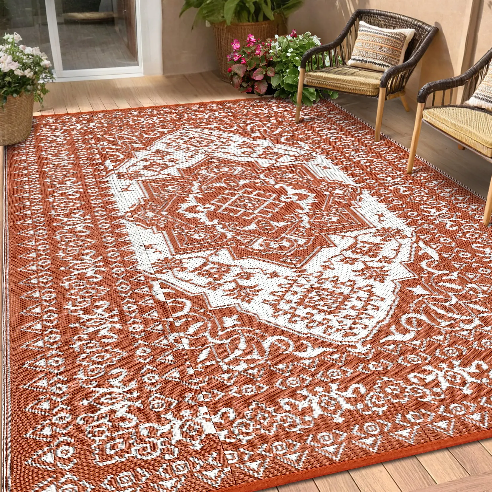 Retro Print Outdoor Rug Double-Sided Garden Decor Large Size Plastic Straw Woven Patio Rug Washable and Foldable for Balconies Beaches Picnics and RVs camping rug