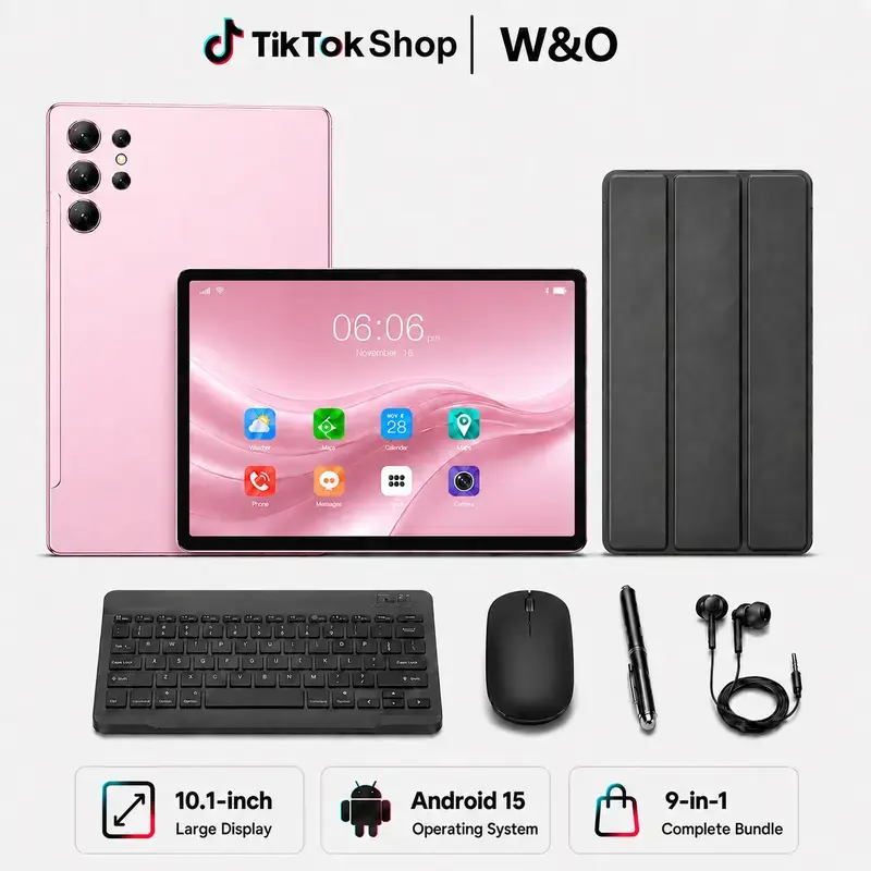 W&O X9 Android 15 Tablet 10.1" IPS | 8GB RAM 256GB ROM | 8000mAh | Dual WiFi + SIM | 9-in-1 Keyboard Mouse Stylus Case Bundle