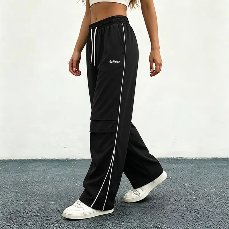 Women's Spring/Summer Polyester Elastic Drawstring Baggy Joggers - 1-Pack, Printed, Side Stripes, Skater Loose Street Style Pants for Casual Wear (Women's Bottoms), Elastic Drawstring Joggers, Baggy Pants, Street Style Joggers