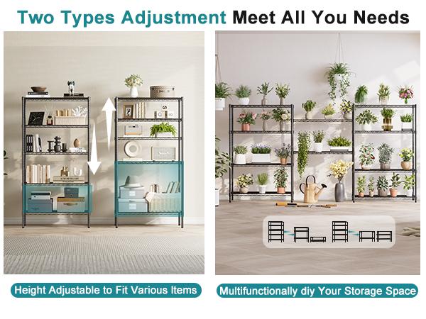 5-Tier Metal Wire Storage Shelves, Adjustable Standing Storage Rack Shelf, Heavy Duty Steel Shelving Unit Organizers for Kitchen Bathroom Pantry Garage, 23.3" W×13.4" D×60" H, Black