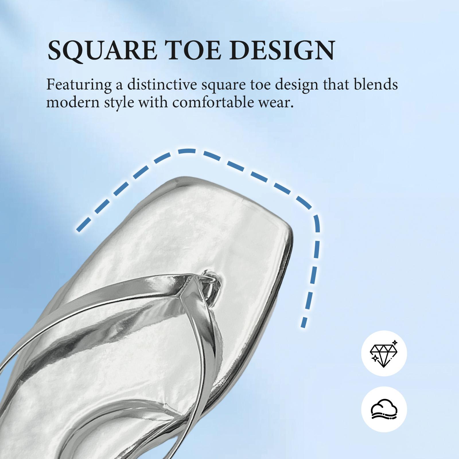 Lumubby Shiny Mirror PU Square-Toe Flip Flops Unisex Comfort Casual Sandals for Daily Wear Lightweight Easy to Clean Stylish Design Summer Shoe Flipflop