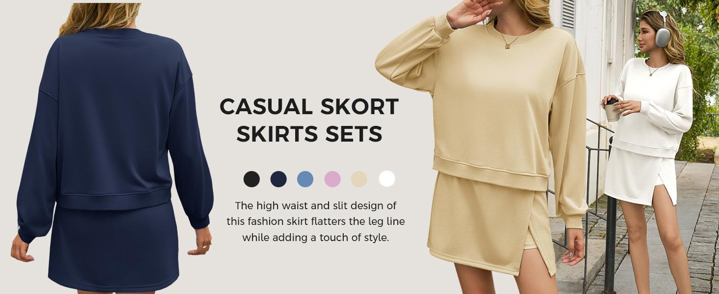 Fisoew Womens 2 Piece Outfits Casual Crewneck Sweatshirt High Waisted Split Skort Skirts Workout Matching Lounge Sets Fisoew Womens 2 Piece Outfits Casual Crewneck Sweatshirt High Waisted Split Skort Skirts Workout Matching Lounge Sets