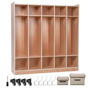 5-Section Classroom Coat Locker, 10 Cubbies w/Anti-tip Kit for Classrooms, Daycare Cubby with 4 Casters, 5 Hooks & 2 Storage Boxes, for Home, School