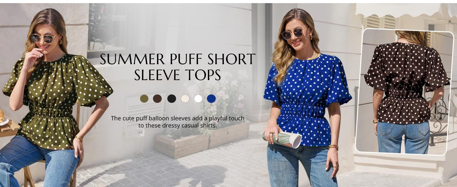Cicy Bell Womens Polka Dots Peplum Tops Summer Puff Short Sleeve Round Neck Blouses Trendy Casual Shirts