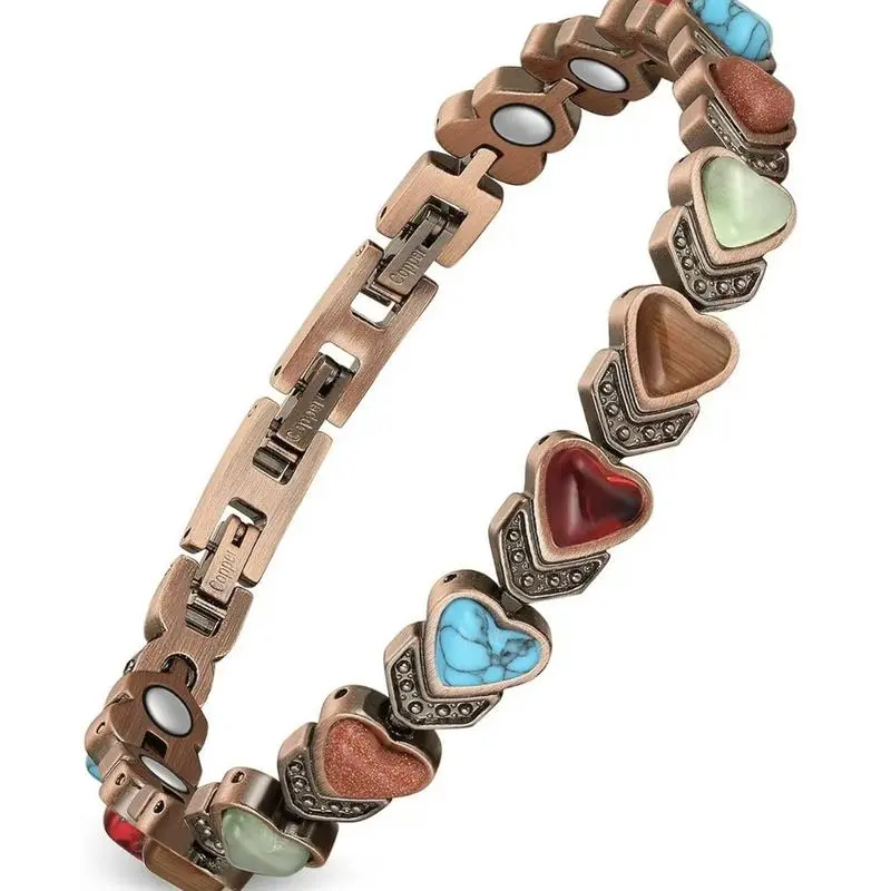 Women's Natural Pure Copper Magnetic Bracelet with Unique Gemstones and Rhinestones, Stackable Fashion Jewelry Accessory, Valentine's Day Gift, Natural Copper, Bracelet Stacking, All-Copper Bracelets & Bangles