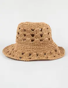 Laser Cut Womens Straw Bucket Hat, Khaki