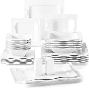 MALACASA Ivory White Dinnerware Sets, 28 Piece Square Plates and Bowls Sets for 6, Porcelain Dish Set with Dinner Plate, Cereal Bowls, Dessert Plate, Soup Plate, salt cans and rectangular plates , Ceramic Dishware Set, Series Mario