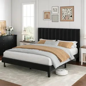 Platform Bed Frame with Adjustable Velvet Headboard, Vertical Channel Tufted Upholstered Design, Non-Slip Noise-Free Support (No Box Spring Needed), Easy Assembly